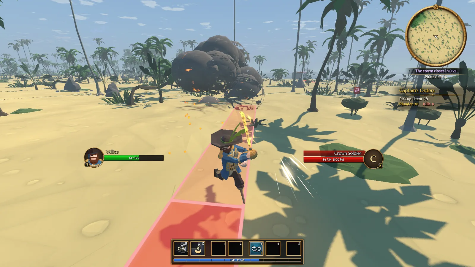 A pirate fighting creatures on the island