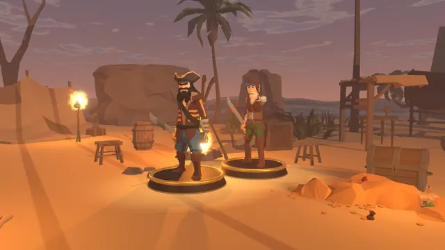 Two pirates on their pedestals in the lobby