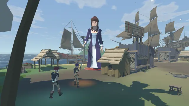 A giant boss towering over the port