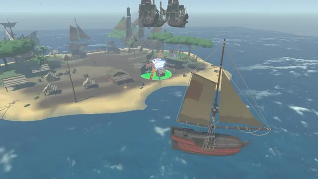 A sloop sailing past an island